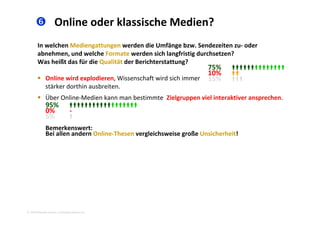  Online oder klassische Medien?
In welchen Mediengattungen werden die Umfänge bzw. Sendezeiten zu‐ oder 
abnehmen, und welche Formate werden sich langfristig durchsetzen? 
Was heißt das für die Qualität der Berichterstattung?Was heißt das für die Qualität der Berichterstattung? 
 Online wird explodieren, Wissenschaft wird sich immer 
stärker dorthin ausbreiten
75% 
10% 
15% 
stärker dorthin ausbreiten. 
 Über Online‐Medien kann man bestimmte  Zielgruppen viel interaktiver ansprechen.  
95% 
0% ‐0%
5% 
Bemerkenswert: 
Bei allen andern Online‐Thesen vergleichsweise große Unsicherheit!
2010 Alexander Gerber, a.Gerber@innokomm.eu
 