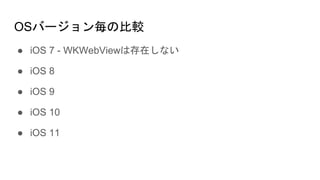 OSバージョン毎の比較
● iOS 7 - WKWebViewは存在しない
● iOS 8
● iOS 9
● iOS 10
● iOS 11
 