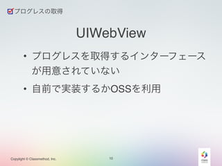 UIWebView 
• プログレスを取得するインターフェース 
が用意されていない! 
• 自前で実装するかOSSを利用 
Copylight © Classmethod, Inc. 
10 
プログレスの取得 
 