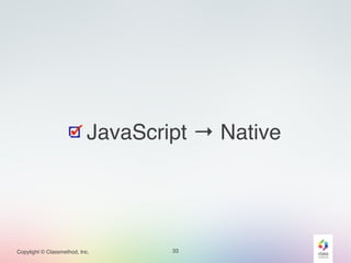 JavaScript → Native 
Copylight © Classmethod, Inc. 
33 
 