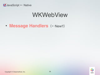 Copylight © Classmethod, Inc. 
WKWebView 
• Message Handlers（←New!!） 
36 
JavaScript ← Native 
 