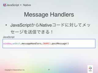 Message Handlers 
• JavaScriptからNativeコードに対してメッ 
セージを送信できる！ 
! 
window.webkit.messageHandlers.{NAME}.postMessage() 
Copylight © Classmethod, Inc. 
37 
JavaScript ← Native 
JavaScript 
 