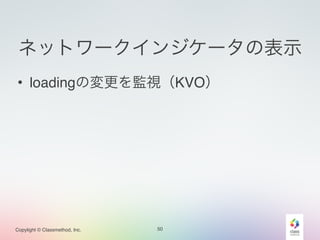 ネットワークインジケータの表示 
• loadingの変更を監視（KVO） 
Copylight © Classmethod, Inc. 
50 
 