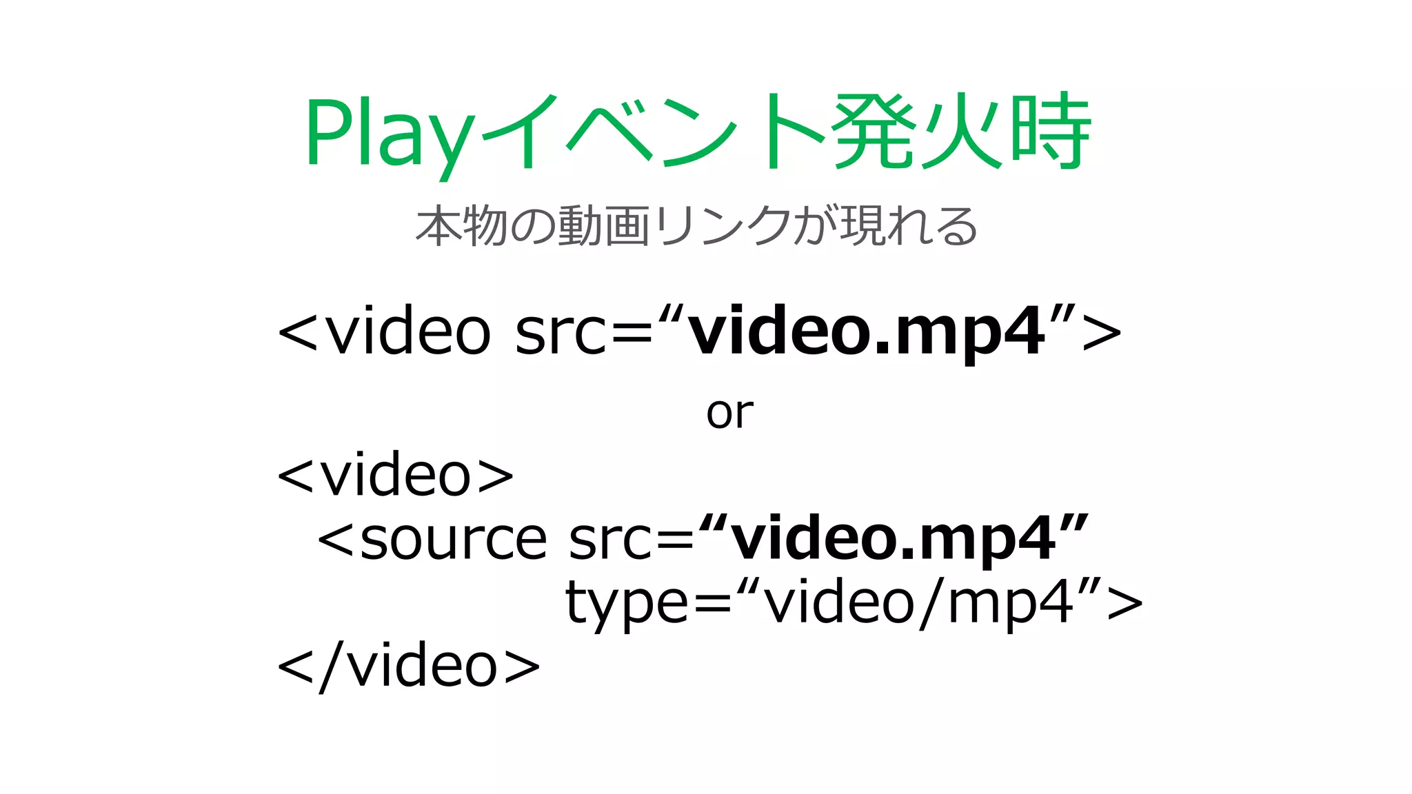 Playイベント発火時
<video src=“video.mp4”>
or
<video>
<source src=“video.mp4”
type=“video/mp4”>
</video>
本物の動画リンクが現れる
 