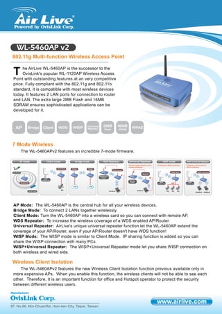 WL-5460AP v2
 802.11g Multi-function Wireless Access Point

      he AirLive WL-5460AP is the successor to the
 T    OvisLink's popular WL-1120AP Wireless Access
 Point with outstanding features at an very competitive
 price. Fully compliant with the 802.11g and 802.11b
 standard, it is compatible with most wireless devices
 today. It features 2 LAN ports for connection to router
 and LAN. The extra large 2MB Flash and 16MB
 SDRAM ensures sophisticated applications can be
 developed for it.




 7 Mode Wireless
      The WL-5460APv2 features an incredible 7-mode firmware.




 AP Mode: The WL-5460AP is the central hub for all your wireless devices.
 Bridge Mode: To connect 2 LANs together wirelessly.
 Client Mode: Turn the WL-5460AP into a wireless card so you can connect with remote AP.
 WDS Repeater: To increase the wireless coverage of a WDS enabled AP/Router
 Universal Repeater: AirLive's unique universal repeater function let the WL-5460AP extend the
 coverage of your AP/Router, even if your AP/Router doesn't have WDS function!
 WISP Mode: The WISP mode is similar to Client Mode. IP sharing function is added so you can
 share the WISP connection with many PCs.
 WISP+Universal Repeater: The WISP+Universal Repeater mode let you share WISP connection on
 both wireless and wired side.

 Wireless Client Isolation
     The WL-5460APv2 features the new Wireless Client Isolation function previous available only in
 more expensive APs. When you enable this function, the wireless clients will not be able to see each
 other. Therefore, it is an important function for office and Hotspot operator to protect the security
 between different wireless users.




5F, No.96, Min-ChuanRd, Hsin-tien City, Taipei, Taiwan
 