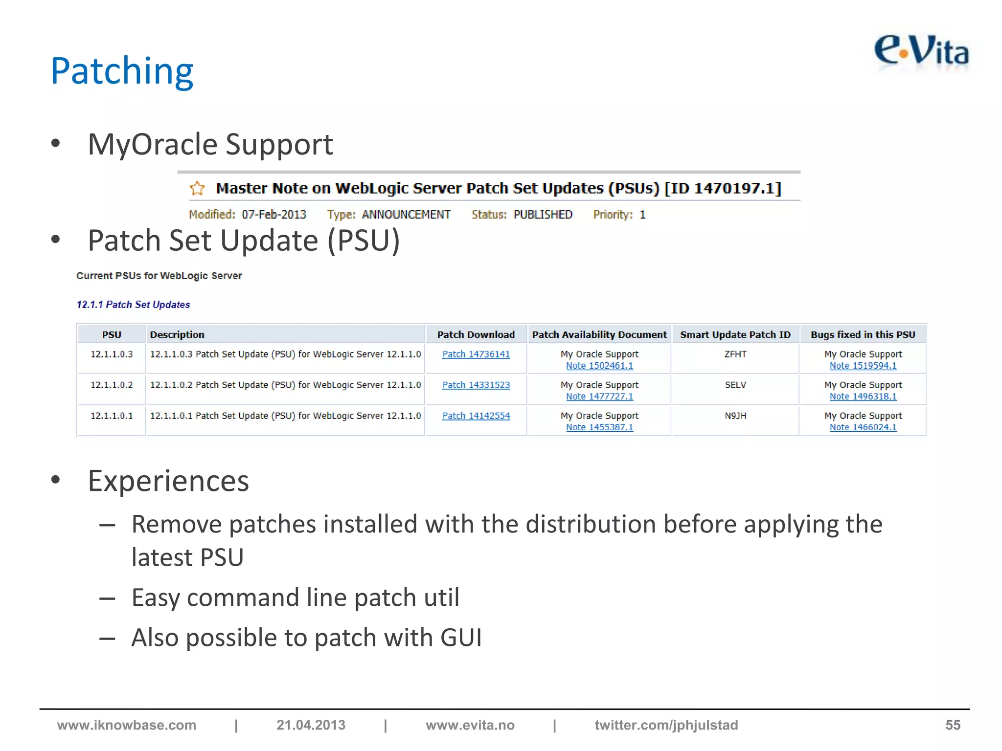 Patching
• MyOracle Support
• Patch Set Update (PSU)
• Experiences
– Remove patches installed with the distribution before applying the
latest PSU
– Easy command line patch util
– Also possible to patch with GUI
55www.iknowbase.com | 21.04.2013 | www.evita.no | twitter.com/jphjulstad
 