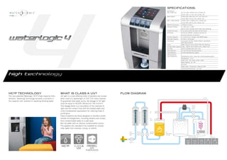 SPECIFICATIONS:
                                                                                                                                                                                   Dimensions:
                                                                                                                                                                                   Mini (Table Top)        417mm (W) x 439mm (H) x 470mm (D)
                                                                                                                                                                                                           16.4in. (W) x 17.3in. (H) x 18.5in. (D)
                                                                                                                                                                                   Base Cabinet            418mm(W) x 803.4mm (H) x 467.3mm (D)
                                                                                                                                                                                                           16.5in.(W) x 31.6in. (H) x 18.4in. (D)
                                                                                                                                                                                   Mini + Base Cabinet     418mm (W) x 1238mm (H) x 470mm (D)
                                                                                                                                                                                                           16.5in.(W) x 48.7in. (H) x 18.5in. (D)
                                                                                                                                                                                   Bottle fill dimension   >240mm (>9.5in.)
                                                                                                                                                                                   Standard filtration     1 x GAC and 1 x CBC
                                                                                                                                                                                                           Sensor alarm activated when filters need replacing
                                                                                                                                                                                   Firewall UV Lamp        11w lamp purifies the water and the faucet
                                                                                                                                                                                   UV Sensor               UV Sensor (APMS) constantly monitors UV
                                                                                                                                                                                                           to ensure optimum purification
                                                                                                                                                                                   Hot tank Capacity       1.2 litres (0.317 US gal.) with 800W heater
                                                                                                                                                                                   Cold tank Capacity      4 litres (1.18 US gal.)
                                                                                                                                                                                   Compressor              Compressor (R134a 1/8HP) 230V(or 100v)/50Hz
                                                                                                                                                                                                           thermally protected
                                                                                                                                                                                   Pump                    Water Pressure Pump (DC24) MDL R/O Boosting
                                                                                                                                                                                   CO2 gas bottle capacity 10kg - 180mm (W) x 650mm (H) x 180mm (D)
                                                                                                                                                                                   Drip Tray               Sensor activates when tray is full
                                                                                                                                                                                   Heat Detection          In-built thermal overload protector
                                                                                                                                                                                   Leak Detection          In-built leak detection system
                                                                                                                                                                                   Setting Options
                                                                                                                                                                                   upon Installation       Temperature of Hot / Extra Hot / Cold & Sparkling water
                                                                                                                                                                                                           Temperature - C or F
                                                                                                                                                                                                           Filter timer - off / 3mth / 6mth / 9mth
                                                                                                                                                                                                           Mood lighting - On / Off
                                                                                                                                                                                                           UV timer
                                                                                                                                                                                                           Sleep mode - Compressor / heater of both
                                                                                                                                                                                                           Thermal overload sensor - On / Off



high technology




HC2P TECHNOLOGY                                           WHAT IS CLASS A UV?                                           FLOW DIAGRAM
The new patented Waterlogic HC P (High Capacity Cold,
                               2
                                                          UV light is a most effective killer of bacteria and viruses
                                                                                                                                                                                                                                                 Air vent
Ambient, Sparkling) technology achieves a pinnacle in     when used at a wavelength of 253.7nm (nano-meters).
the capacity cold, ambient or sparkling drinking water.   To guarantee total water purity, the dosage of UV light
                                                          must be equal to 40,000 uW-sec/cm2 (40 mJ/cm2).
                                                          This dosage factor is a calculation of the intensity of                                                                                                            Electric
                                                                                                                                                                                                             Pump            control
                                                          light and the contact time with the treated water and                                                                                                              valves

                                                          is the fundamental requirement for claiming Class A                                                         CO2




                                                                                                                                           Activated Carbon Filters
                                                          purification.                                                                                               in

                                                          Class A systems are those designed to disinfect and/or
                                                          remove microorganisms, including bacteria and viruses,                                                      Hot
                                                                                                                                                                      water
                                                          from contaminated water to a safe level.
                                                          But not water with an obvious contamination source.
                                                          The systems are intended to be installed on visually
                                                          clear water (not coloured, cloudy, or turbid).
                                                                                                                            Inlet      Electric                       Heating   UV
                                                                                                                            solenoid   control                        element   Sterilisation
                                                                                                                            valve      valves                                   chamber
                                                                                                                                                                                                                       Ambient, Cold,                       Hot
                                                                                                                                                                                                                       Sparkling water out                  water out



                                                                                                                            Water in
 