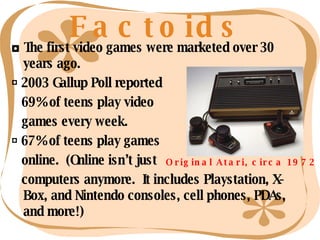 Factoids   ◘  The first video games were marketed over 30 years ago. ◘  2003 Gallup Poll reported 69% of teens play video  games every week. ◘  67% of teens play games online.  (Online isn’t just  computers anymore.  It includes Playstation, X-Box, and Nintendo consoles, cell phones, PDAs, and more!) Original Atari, circa 1972 