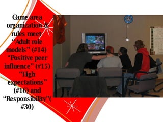 Game area organization & rules meet  “ Adult role models” (#14)  “ Positive peer influence” (#15) “ High expectations” (#16) and “Responsibility”(#30) 