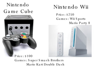 Nintendo  Game Cube Price: $100 Games: Super Smash Brothers Mario Kart Double Dash   Nintendo Wii Price: $250 Games: Wii Sports Mario Party 8 