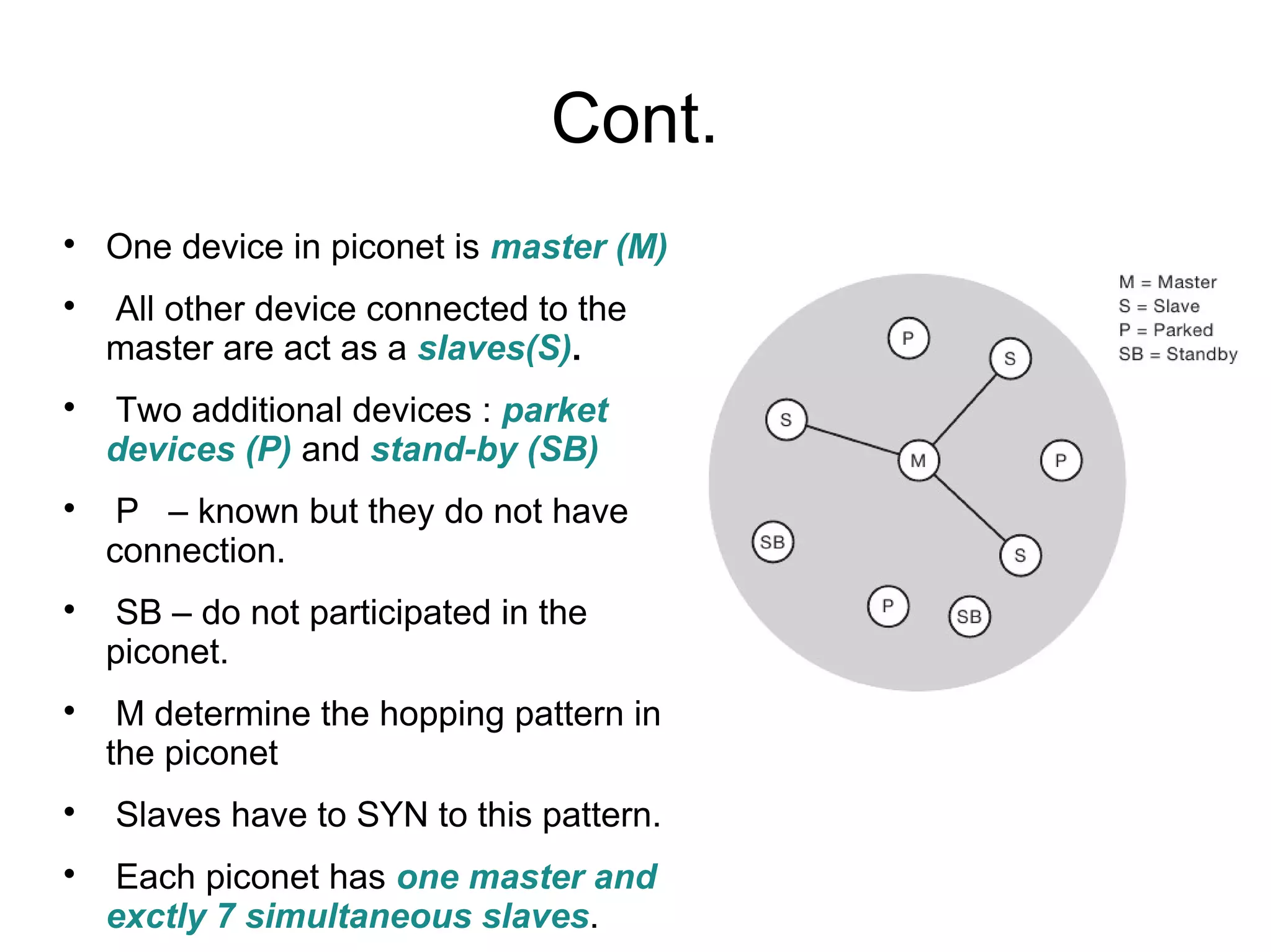 Cont.
















One device in piconet is master (M)
All other device connected to the
master are act as a slaves(S).
Two additional devices : parket
devices (P) and stand-by (SB)
P – known but they do not have
connection.
SB – do not participated in the
piconet.
M determine the hopping pattern in
the piconet
Slaves have to SYN to this pattern.
Each piconet has one master and
exctly 7 simultaneous slaves.

 