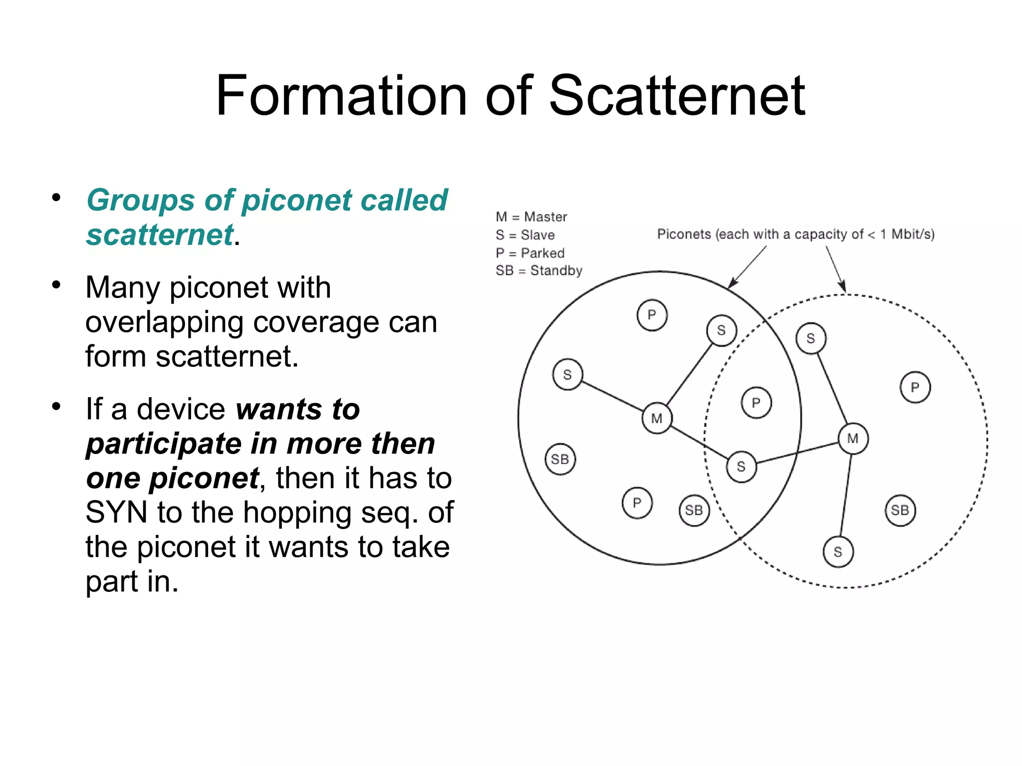 Formation of Scatternet






Groups of piconet called
scatternet.
Many piconet with
overlapping coverage can
form scatternet.
If a device wants to
participate in more then
one piconet, then it has to
SYN to the hopping seq. of
the piconet it wants to take
part in.

 