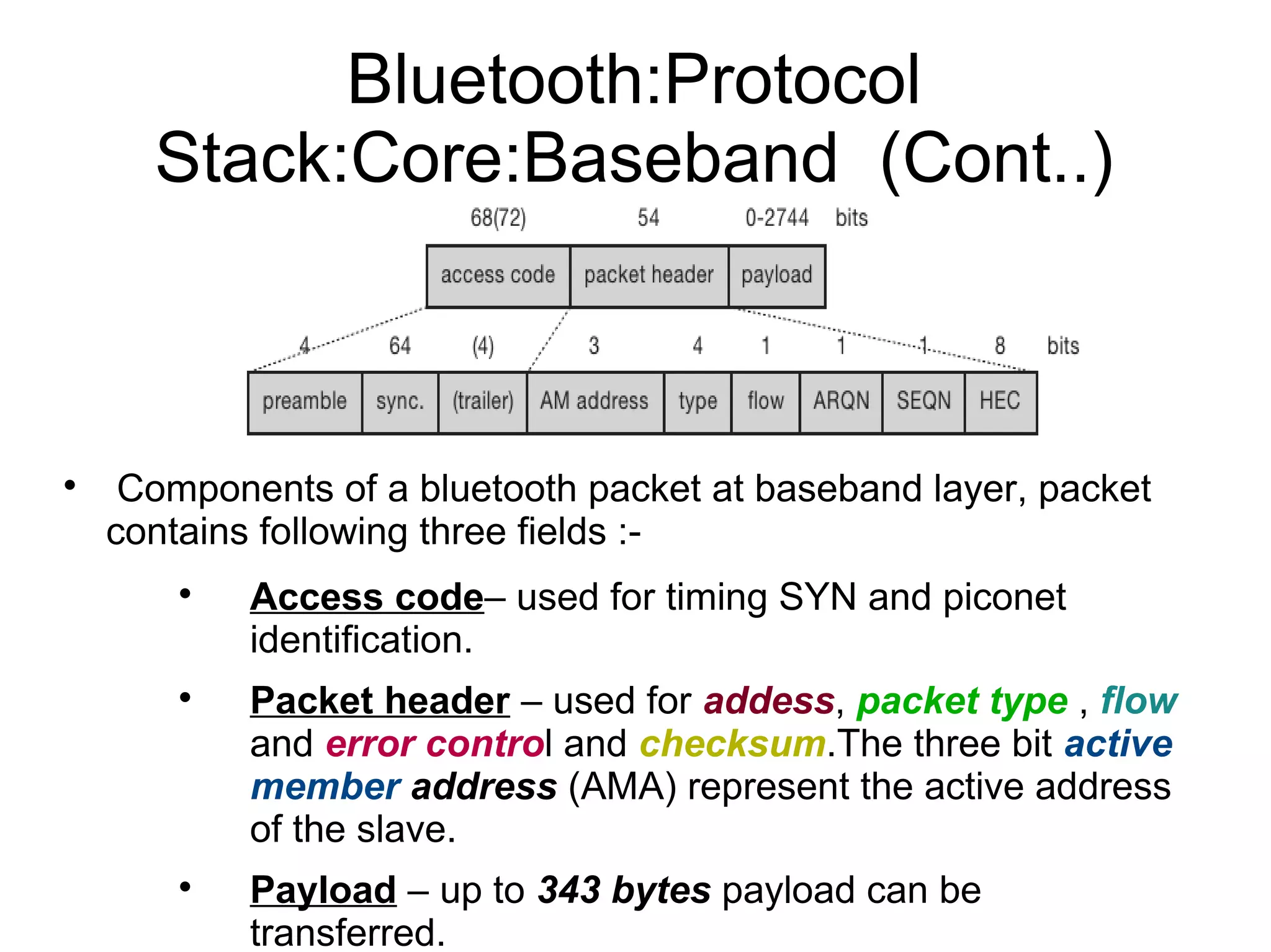 Bluetooth:Protocol
Stack:Core:Baseband (Cont..)



Components of a bluetooth packet at baseband layer, packet
contains following three fields :





Access code– used for timing SYN and piconet
identification.
Packet header – used for addess, packet type , flow
and error control and checksum.The three bit active
member address (AMA) represent the active address
of the slave.
Payload – up to 343 bytes payload can be
transferred.

 