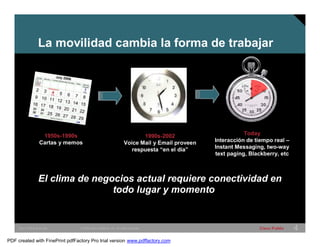 La movilidad cambia la forma de trabajar 
Today 
Interacción de tiempo real – 
Instant Messaging, two-way 
text paging, Blackberry, etc 
1990s-2002 
Voice Mail y Email proveen 
respuesta “en el día” 
1950s-1990s 
Cartas y memos 
El clima de negocios actual requiere conectividad en 
todo lugar y momento 
SWITCHING &WLAN © 2005 Cisco Systems, Inc. All rights reserved. Cisco Public 4 
PDF created with FinePrint pdfFactory Pro trial version www.pdffactory.com 
 