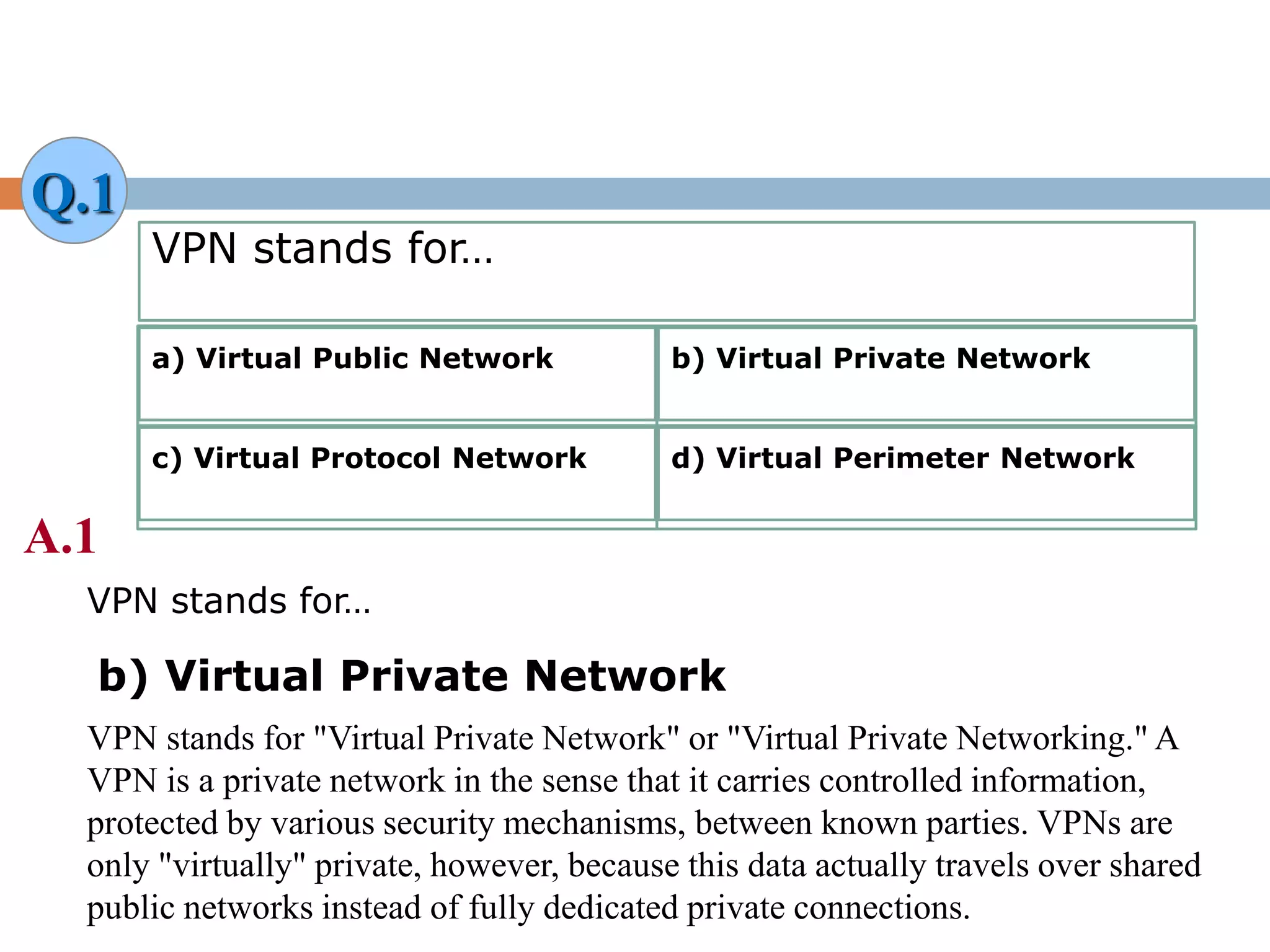 VPN stands for…
a) Virtual Public Network b) Virtual Private Network
c) Virtual Protocol Network d) Virtual Perimeter Network
Q.1
A.1
b) Virtual Private Network
VPN stands for…
VPN stands for "Virtual Private Network" or "Virtual Private Networking." A
VPN is a private network in the sense that it carries controlled information,
protected by various security mechanisms, between known parties. VPNs are
only "virtually" private, however, because this data actually travels over shared
public networks instead of fully dedicated private connections.
 
