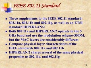 IEEE 802.11 Standard
25
 Three supplements to the IEEE 802.11 standard:
802.11a, 802.11b and 802.11g, as well as an ETSI
standard HIPERLAN/2
 Both 802.11a and HIPERLAN/2 operate in the 5
GHz band and use the modulation scheme OFDM,
but the MAC layers are considerably different
 Compare physical layer characteristics ofthe
IEEE standards 802.11a and 802.11b
 HIPERLAN/2 shares several of the same physical
properties as 802.11a, and 802.11g
 