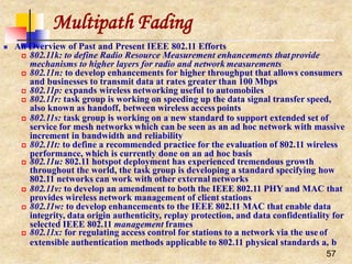 57
Multipath Fading
 An Overview of Past and Present IEEE 802.11 Efforts
 802.11k: to define Radio Resource Measurement enhancements that provide
mechanisms to higher layers for radio and network measurements
 802.11n: to develop enhancements for higher throughput that allows consumers
and businesses to transmit data at rates greater than 100 Mbps
 802.11p: expands wireless networking useful to automobiles
 802.11r: task group is working on speeding up the data signal transfer speed,
also known as handoff, between wireless access points
 802.11s: task group is working on a new standard to support extended set of
service for mesh networks which can be seen as an ad hoc network with massive
increment in bandwidth and reliability
 802.11t: to define a recommended practice for the evaluation of 802.11 wireless
performance, which is currently done on an ad hoc basis
 802.11u: 802.11 hotspot deployment has experienced tremendous growth
throughout the world, the task group is developing a standard specifying how
802.11 networks can work with other external networks
 802.11v: to develop an amendment to both the IEEE 802.11 PHY and MAC that
provides wireless network management of client stations
 802.11w: to develop enhancements to the IEEE 802.11 MAC that enable data
integrity, data origin authenticity, replay protection, and data confidentiality for
selected IEEE 802.11 management frames
 802.11x: for regulating access control for stations to a network via the use of
extensible authentication methods applicable to 802.11 physical standards a, b
 