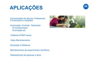 APLICAÇÕES
Conectividade de Alunos, Professores,
Funcionários e visitantes
Automação, Controle, Telemetria
Ar Condicionado
Iluminação etc
Telefonia IP/SIP móvel
Video Monitoramento
Educação a Distância
Monitoramento de experimentos científicos
Rastreamento de pessoas e bens
 