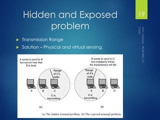 Hidden and Exposed
problem
 Transmission Range
 Solution – Physical and virtual sensing.
19
 