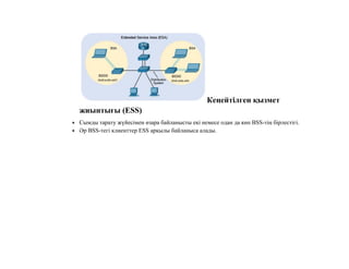 Кеңейтілген қызмет
жиынтығы (ESS)
 Сымды тарату жүйесімен өзара байланысты екі немесе одан да көп BSS-тің бірлестігі.
 Әр BSS-тегі клиенттер ESS арқылы байланыса алады.
 