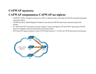 CAPWAP жұмысы
CAPWAP операциясы CAPWAP-қа кіріспе
• CAPWAP - IEEE стандартты протоколы, WLC-ге бірнеше кіру нүктелері мен WLAN желілерін басқаруға
мүмкіндік береді.
• LWAPP негізінде, бірақ Datagram Transport Layer Security (DLTS) көмегімен қосымша қауіпсіздік
қосады.
• UL 5246 және 5247 порттарын қолдана отырып, туннельдер арқылы AP және WLC арасындағы WLAN
клиенттік трафикті инкапсуляциялайды және бағыттайды.
• IPv4 және IPv6 арқылы жұмыс істейді. IPv4 IP-протоколын 17, ал IPv6-да 136 IP протоколын қолданады.
•
 