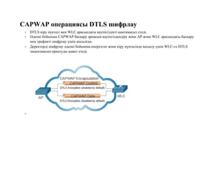 CAPWAP операциясы DTLS шифрлау
• DTLS кіру нүктесі мен WLC арасындағы қауіпсіздікті қамтамасыз етеді.
• Әдепкі бойынша CAPWAP басқару арнасын қауіпсіздендіру және AP және WLC арасындағы басқару
мен трафикті шифрлау үшін қосылған.
• Деректерді шифрлау әдепкі бойынша өшірілген және кіру нүктесінде қосылу үшін WLC-ге DTLS
лицензиясын орнатуды қажет етеді.
•
 