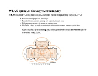 WLAN арнасын басқаруды жоспарлау
WLAN қолдайтын пайдаланушылардың саны келесілерге байланысты:
 Нысанның географиялық орналасуы
 Кеңістікте орналасатын денелер мен құрылғылардың саны
 Пайдаланушылар күтетін деректер жылдамдығы
 Бір-біріне сәйкес келмейтін арналарды пайдалану және қуат параметрлерін беру
Кіру нүктелерін жоспарлау кезінде шамамен айналмалы қамту
аймағы маңызды.
 
