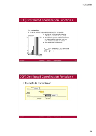 16/12/2010




DCF( Distributed Coordination Function ) 




16/12/2010           K.MABROUK            ESIGETEL              Wireless Networks   47




DCF( Distributed Coordination Function ) 
       • Exemple de transmission




16/12/2010           K.MABROUK            ESIGETEL              Wireless Networks   48




                                                                                                24
 