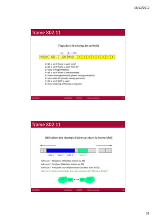 16/12/2010




Trame 802.11

                                   Flags dans le champ de contrôle

                                                          1 bit
                                                          1 bit
             Protocol     Type …       Subt. of frame                1        2      3       4       5     6   7   8


                  1: Bit is set if frame is sent to AP
                  2: Bit is set if frame is sent from AP
                  3: Used in fragmentation
                  4: Bit is set if frame is retransmitted
                  5: Power management bit (power saving operation)
                                     g           (p          g p )
                  6: More data bit (power‐saving operation)
                  7: Bit is set if WEP is used
                  8: Strict ordering of frames is required  




16/12/2010                                  K.MABROUK            ESIGETEL              Wireless Networks               57




Trame 802.11

                 Utilisation des champs d’adresses dans la trame MAC 




                        Addr 1     Addr 2        Addr 3               Addr 4

             Adresse 1: Récepteur (Wireless station ou AP)
             Adresse 2: Emetteur (Wireless station ou AP)
             Adresse 3: Principale source/destination (routeur dans le DS)
             Adresse 3: Principale source/destination (routeur dans le DS)
             Adresse 4: Seulement utilisée dans des solutions de ”Wireless Bridge”


                                      LAN           AP                   AP         LAN




16/12/2010                                  K.MABROUK            ESIGETEL              Wireless Networks               58




                                                                                                                                   29
 