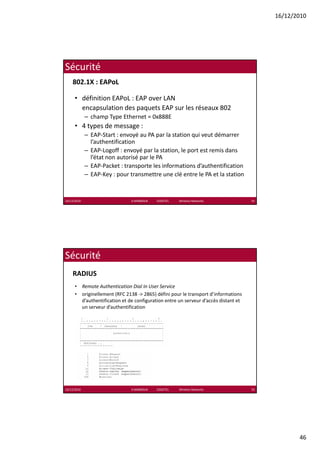 16/12/2010




Sécurité
    802.1X : EAPoL

      • définition EAPoL : EAP over LAN 
        encapsulation des paquets EAP sur les réseaux 802
        encapsulation des paquets EAP sur les réseaux 802
             – champ Type Ethernet = 0x888E
      • 4 types de message :
             – EAP‐Start : envoyé au PA par la station qui veut démarrer 
               l’authentification
             – EAP‐Logoff : envoyé par la station, le port est remis dans 
               l’état non autorisé par le PA
               l’état non autorisé par le PA
             – EAP‐Packet : transporte les informations d’authentification
             – EAP‐Key : pour transmettre une clé entre le PA et la station


16/12/2010                     K.MABROUK            ESIGETEL              Wireless Networks   91




Sécurité
    RADIUS
      • Remote Authentication Dial In User Service
      • originellement (RFC 2138 ‐> 2865) défini pour le transport d’informations 
           g            (                 )       p           p
        d’authentification et de configuration entre un serveur d’accès distant et 
        un serveur d’authentification




16/12/2010                     K.MABROUK            ESIGETEL              Wireless Networks   92




                                                                                                          46
 