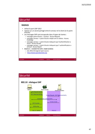 16/12/2010




Sécurité
    RADIUS
      • Utilise le port UDP 1812
      • repose sur un secret partagé entre le serveur et le client (ici le point 
        d’accès)
        d’ è )
      • Les messages EAP sont encapsulés dans 4 types de trames :
             – messages point d’accès ‐> serveur : Access Request
             – messages serveur ‐> point d’accès relayés vers la station : Access 
               Challenge
             – messages serveur ‐> point d’accès indiquant que l’authentification a 
               réussi : Access Accept
             – messages serveur ‐> point d’accès indiquant que l’ authentification a 
               échoué : Access Reject
               é h é
      • RADIUS ‐> DIAMETER (RFC 3588 9/2003)
             – site officiel & logiciel open source 
             – http://www.opendiameter.org



16/12/2010                         K.MABROUK            ESIGETEL              Wireless Networks   93




Sécurité

   802.1X : dialogue EAP




16/12/2010                         K.MABROUK            ESIGETEL              Wireless Networks   94




                                                                                                              47
 