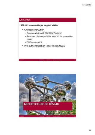 16/12/2010




Sécurité
  802.11i : nouveautés par rapport à WPA

      • Chiffrement CCMP
             – Counter Mode with CBC‐MAC Protocol
             – Sans souci de compatibilité avec WEP => nouvelles 
               puces
             – Chiffrement AES
      • Pré‐authentification (pour le handover)
        Pré authentification (pour le handover)




16/12/2010                  K.MABROUK            ESIGETEL              Wireless Networks   105




         ARCHITECTURE DE RÉSEAU
                          É


16/12/2010                  K.MABROUK            ESIGETEL              Wireless Networks   106




                                                                                                        53
 
