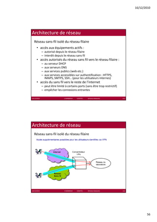 16/12/2010




Architecture de réseau
  Réseau sans‐fil isolé du réseau filaire
      • accès aux équipements actifs :
             – autorisé depuis le réseau filaire
                           p
             – interdit depuis le réseau sans fil
      • accès autorisés du réseau sans fil vers le réseau filaire :
             –   au serveur DHCP
             –   aux serveurs DNS
             –   aux services publics (web etc.)
             –   aux services accessibles sur authentification : HTTPS, 
                 IMAPS, SMTPS, SSH… (pour les utilisateurs internes)
      • accès du sans fil vers le reste de l’internet
             – peut être limité à certains ports (sans être trop restrictif)
             – empêcher les connexions entrantes

16/12/2010                       K.MABROUK            ESIGETEL              Wireless Networks   111




Architecture de réseau
  Réseau sans‐fil isolé du réseau filaire




16/12/2010                       K.MABROUK            ESIGETEL              Wireless Networks   112




                                                                                                             56
 