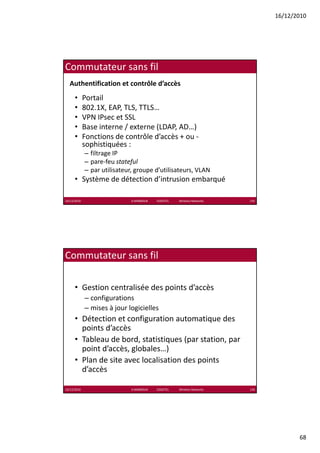 16/12/2010




Commutateur sans fil
  Authentification et contrôle d’accès
      •      Portail
      •      802.1X, EAP, TLS, TTLS…
             802 1X EAP TLS TTLS
      •      VPN IPsec et SSL
      •      Base interne / externe (LDAP, AD…)
      •      Fonctions de contrôle d’accès + ou ‐
             sophistiquées :
             – filtrage IP
                     g
             – pare‐feu stateful
             – par utilisateur, groupe d’utilisateurs, VLAN
      • Système de détection d’intrusion embarqué

16/12/2010                    K.MABROUK            ESIGETEL              Wireless Networks   135




Commutateur sans fil

      • Gestion centralisée des points d’accès
             – configurations
                  fi     ti
             – mises à jour logicielles
      • Détection et configuration automatique des 
        points d’accès
      • Tableau de bord, statistiques (par station, par 
        point d’accès, globales…)
      • Plan de site avec localisation des points 
        d’accès

16/12/2010                    K.MABROUK            ESIGETEL              Wireless Networks   136




                                                                                                          68
 