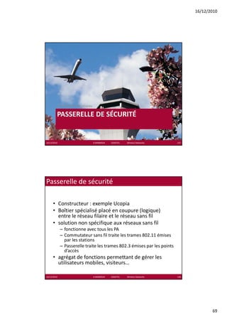 16/12/2010




         Architecture de réseau

         PASSERELLE DE SÉCURITÉ
                        É     É


16/12/2010                        K.MABROUK            ESIGETEL              Wireless Networks   137




Passerelle de sécurité

      • Constructeur : exemple Ucopia
      • Boîtier spécialisé placé en coupure (logique)
        Boîtier spécialisé placé en coupure (logique) 
        entre le réseau filaire et le réseau sans fil
      • solution non spécifique aux réseaux sans fil
             – fonctionne avec tous les PA
             – Commutateur sans fil traite les trames 802.11 émises 
               par les stations
             – Passerelle traite les trames 802 3 émises par les points
               Passerelle traite les trames 802.3 émises par les points 
               d’accès
      • agrégat de fonctions permettant de gérer les 
        utilisateurs mobiles, visiteurs…

16/12/2010                        K.MABROUK            ESIGETEL              Wireless Networks   138




                                                                                                              69
 