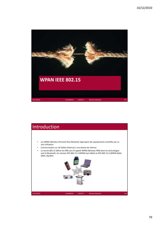 16/12/2010




          WPAN IEEE 802.15


16/12/2010                              K.MABROUK            ESIGETEL              Wireless Networks        157




Introduction 

      •      Les WPAN (Wireless Personal Area Network) regroupent des équipements contrôlés par un 
             seul utilisateur
      •      Communication sur de faibles distances ( une dizaine de mètres)
             Communication sur de faibles distances ( une dizaine de mètres)
      •      La norme 802.15 définit les PAN sans fil appelé WPAN (Wireless PAN) dont les technologies 
             sont le Bluetooth, les normes IEEE 802.15.3 (WPAN haut débit) et IEEE 802.15.4 (WPAN faible 
             débit, Zig‐Bee)




16/12/2010                              K.MABROUK            ESIGETEL              Wireless Networks        158




                                                                                                                         79
 