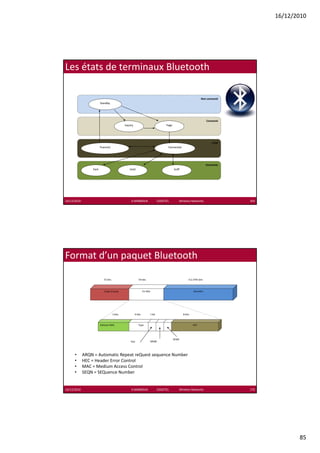 16/12/2010




Les états de terminaux Bluetooth

                                                                                                               Non connecté
                        Standby




                                                                                                                    Connecté
                                              Inquiry                           Page




                                                                                                                        Actif
                        Transmit                                                 Connected




                                                                                                                    Economie
                 Park                             Hold                                 Sniff




16/12/2010                                         K.MABROUK            ESIGETEL              Wireless Networks                 169




Format d’un paquet Bluetooth

                           72 bits                         54 bits                                  0 à 2745 bits



                           Code d’accès                          En‐tête                                Données




                                     3 bits             4 bits         1 bit                   8 bits


                        Adresse MAC                        Type                                         HEC




                                                                                       SEQN
                                                   Flot                ARQN




      •      ARQN = Automatic Repeat reQuest sequence Number
      •      HEC = Header Error Control
      •      MAC = Medium Access Control
      •      SEQN = SEQuence Number


16/12/2010                                         K.MABROUK            ESIGETEL              Wireless Networks                 170




                                                                                                                                             85
 