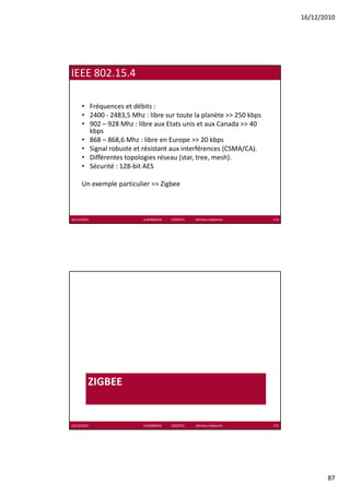 16/12/2010




IEEE 802.15.4 

      • Fréquences et débits :
      • 2400 ‐ 2483,5 Mhz : libre sur toute la planète >> 250 kbps
                     ,                         p                p
      • 902 – 928 Mhz : libre aux Etats unis et aux Canada >> 40 
        kbps
      • 868 – 868,6 Mhz : libre en Europe >> 20 kbps
      • Signal robuste et résistant aux interférences (CSMA/CA).
      • Différentes topologies réseau (star, tree, mesh).
      • Sécurité : 128‐bit AES

      Un exemple particulier => Zigbee



16/12/2010                K.MABROUK            ESIGETEL              Wireless Networks   173




         ZIGBEE


16/12/2010                K.MABROUK            ESIGETEL              Wireless Networks   174




                                                                                                      87
 