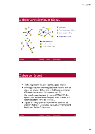 16/12/2010




Zigbee: Caractéristiques Réseau




16/12/2010               K.MABROUK            ESIGETEL              Wireless Networks   177




Zigbee en résumé

      • Technologie sans fils gérée par la Zigbee alliance
      • développée sur une norme globale et ouverte afin de
        développée sur une norme globale et ouverte afin de 
        cibler les besoins de bas prix et faible consommation 
        d'énergie des réseaux de capteurs sans fils.
      • tire tous les avantages de la norme IEEE 802.15.4 et 
        opère dans les bandes de fréquences mondiales non 
        réservées (donc libres de licences).
      • Zi b est conçu pour transporter des données de 
        Zigbee t                t        t d d        é d
        manière fiable et sécurisée à travers l'environnement 
        bruité des Radios Fréquences.


16/12/2010               K.MABROUK            ESIGETEL              Wireless Networks   178




                                                                                                     89
 