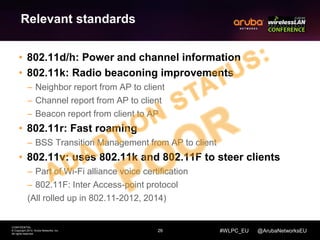 26 
CONFIDENTIAL 
© Copyright 2014. Aruba Networks, Inc. 
All rights reserved 
#WLPC_EU @ArubaNetworksEU 
Relevant standards 
• 802.11d/h: Power and channel information 
• 802.11k: Radio beaconing improvements 
– Neighbor report from AP to client 
– Channel report from AP to client 
– Beacon report from client to AP 
• 802.11r: Fast roaming 
– BSS Transition Management from AP to client 
• 802.11v: uses 802.11k and 802.11F to steer clients 
– Part of Wi-Fi alliance voice certification 
– 802.11F: Inter Access-point protocol 
(All rolled up in 802.11-2012, 2014) 
 