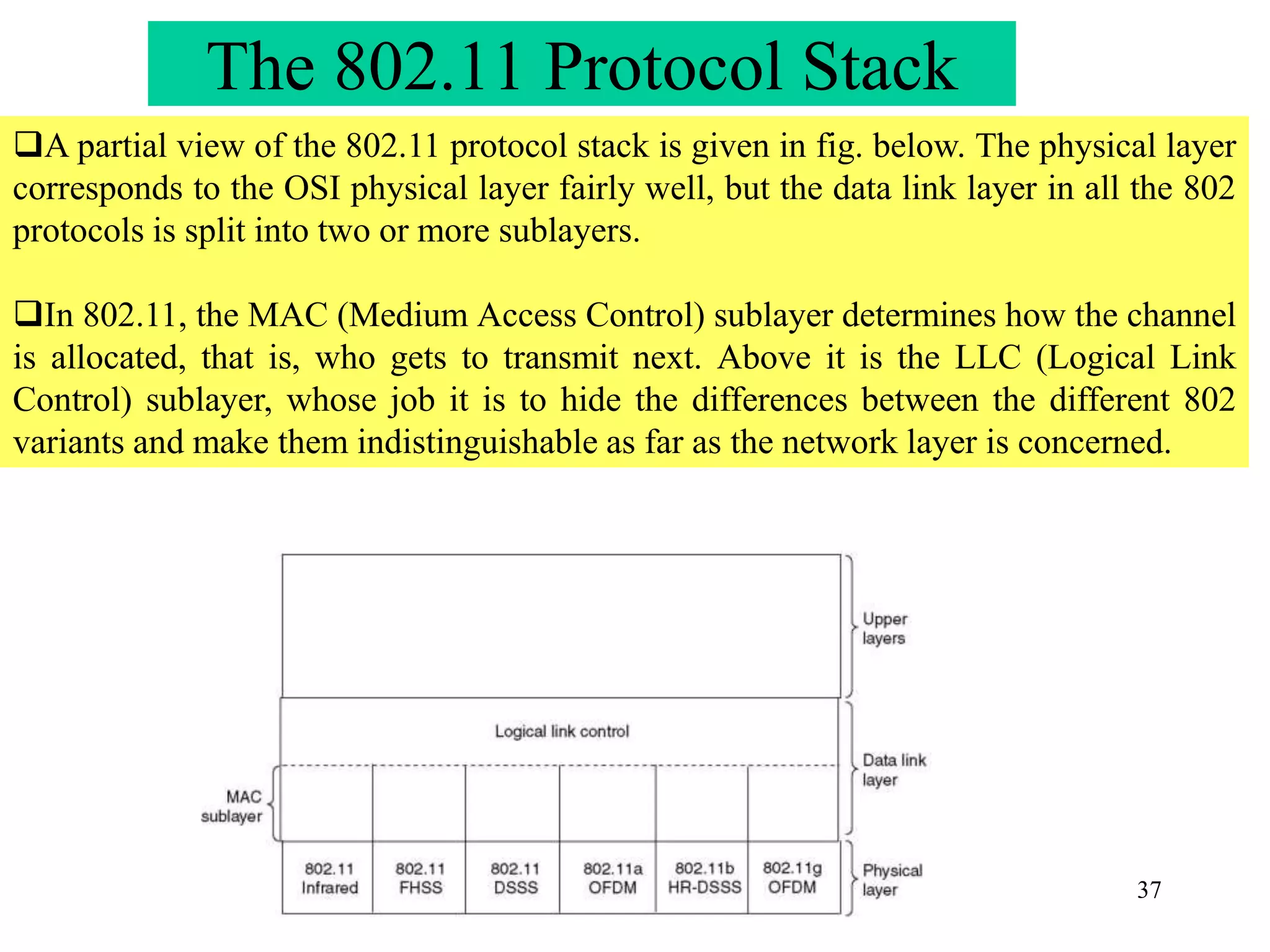 37
A partial view of the 802.11 protocol stack is given in fig. below. The physical layer
corresponds to the OSI physical layer fairly well, but the data link layer in all the 802
protocols is split into two or more sublayers.
In 802.11, the MAC (Medium Access Control) sublayer determines how the channel
is allocated, that is, who gets to transmit next. Above it is the LLC (Logical Link
Control) sublayer, whose job it is to hide the differences between the different 802
variants and make them indistinguishable as far as the network layer is concerned.
The 802.11 Protocol Stack
 