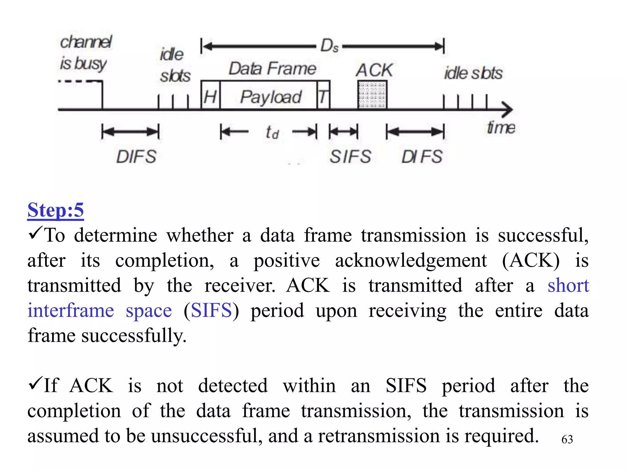 63
Step:5
To determine whether a data frame transmission is successful,
after its completion, a positive acknowledgement (ACK) is
transmitted by the receiver. ACK is transmitted after a short
interframe space (SIFS) period upon receiving the entire data
frame successfully.
If ACK is not detected within an SIFS period after the
completion of the data frame transmission, the transmission is
assumed to be unsuccessful, and a retransmission is required.
 