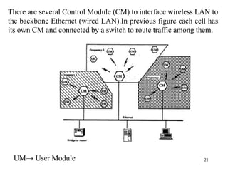 21
There are several Control Module (CM) to interface wireless LAN to
the backbone Ethernet (wired LAN).In previous figure each cell has
its own CM and connected by a switch to route traffic among them.
UM→ User Module
 