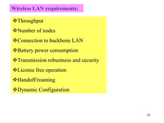 29
Wireless LAN requirements:
Throughput
Number of nodes
Connection to backbone LAN
Battery power consumption
Transmission robustness and security
License free operation
Handoff/roaming
Dynamic Configuration
 