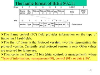 53
The frame control (FC) field provides information on the type of
frame has 11 subfields.
The first of these is the Protocol version, two bits representing the
protocol version. Currently used protocol version is zero. Other values
are reserved for future use.
Then come the Type of 2 bits (data, control, or management); where
‘Type of information: management (00), control (01), or data (10)’.
The frame format of IEEE 802.11
 