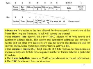 57
Duration field refers to the time allotted for the successful transmission of the
frame. How long the frame and its ack will occupy the channel.
The address field denotes the 6-byte (MAC address of 48 bits) source and
destination address fields. The source and destination addresses are obviously
needed and the other two addresses are used for source and destination BSs for
intercell traffic. Since frame may enter or leave a cell via a BS.
The sequence control (SC) field consists of 4 bits reserved for fragmentation
and reassembly and 12 bits for a sequence number of frames between a particular
Tx and Rx.
The frame body/Data contains a MAC service data unit or control information.
The CRC field is used for error detection.
 