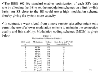 75
The IEEE 802.16e standard enables optimization of each SS’s data
rate by allowing the BS to set the modulation schemes on a link-by-link
basis. An SS close to the BS could use a high modulation scheme,
thereby giving the system more capacity.
In contrast, a weak signal from a more remote subscriber might only
permit the use of a lower modulation scheme to maintain the connection
quality and link stability. Modulation coding schemes (MCSs) is given
below
 