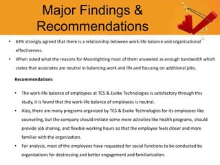 Major Findings &
Recommendations
• 63% strongly agreed that there is a relationship between work-life balance and organiza...