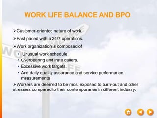 WORK LIFE BALANCE AND BPO
Customer-oriented nature of work.
Fast-paced with a 24/7 operations.
Work organization is com...