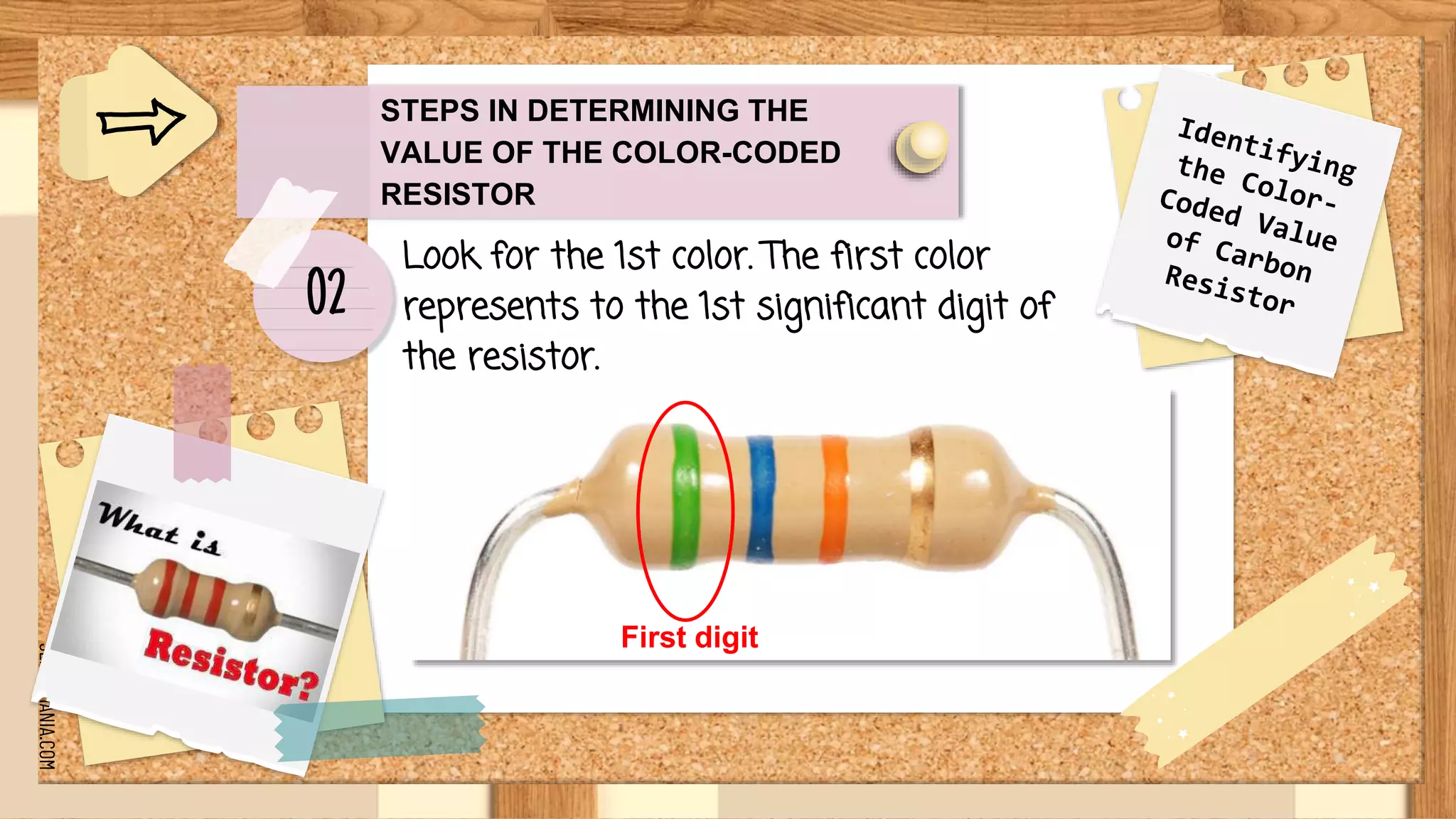 SLIDESMANIA.COM
STEPS IN DETERMINING THE
VALUE OF THE COLOR-CODED
RESISTOR
Look for the 1st color. The first color
represents to the 1st significant digit of
the resistor.
First digit
02
 